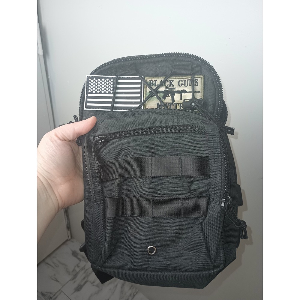 Tactical Shoulder Sling Bag Black MOLLE Canvas Utility Pack with Patches
